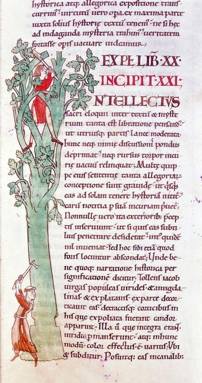 A manuscript from 1111 a.d. showing an illustration of two monks in the margins of a book. One sits in a tree, carving a capital letter 'I' from the branches of the tree whilst the monk below prefers his margins without such frills and attempts to chop the whole thing down.