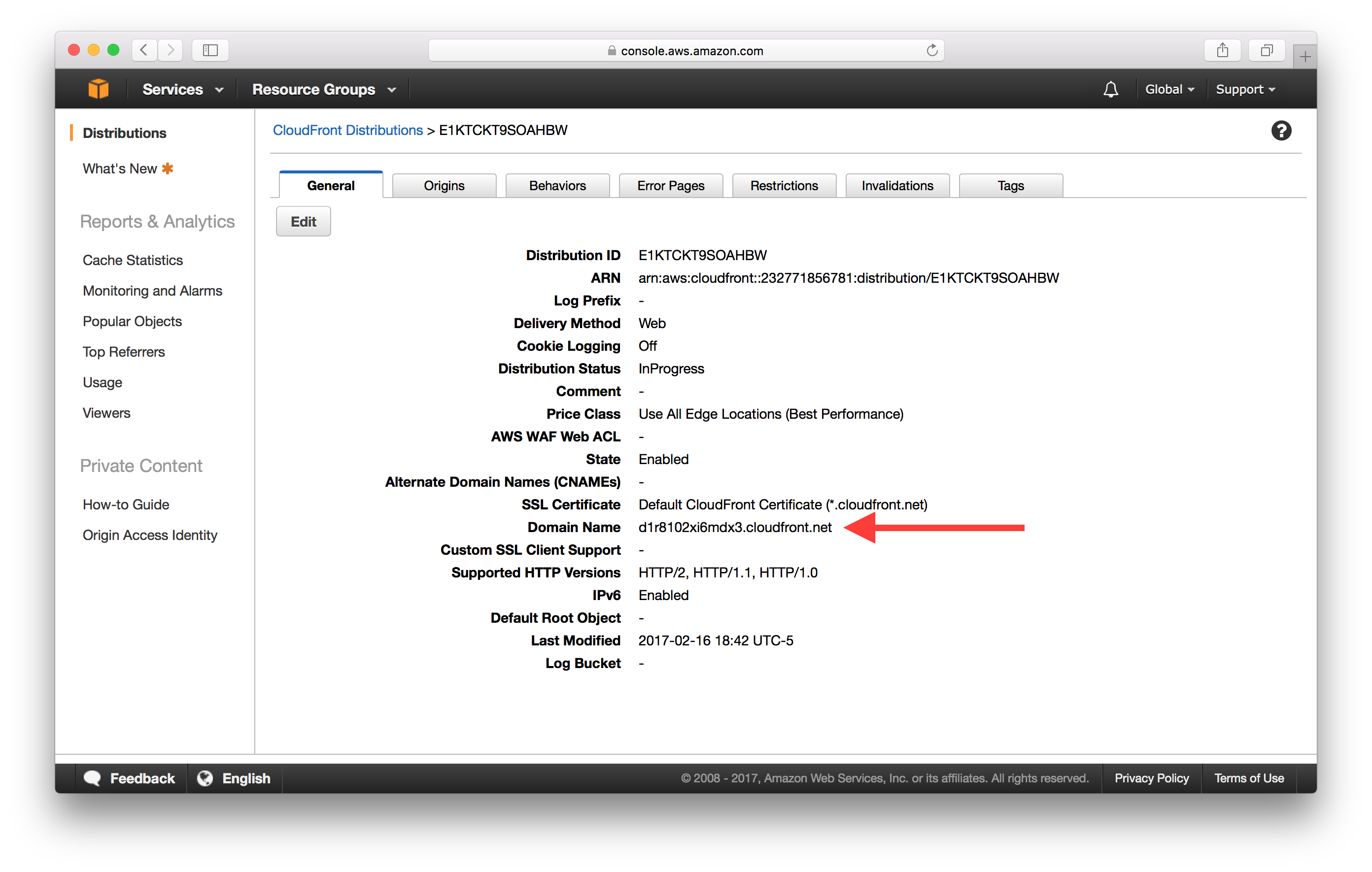 AWS CloudFront Distribution doamin name screenshot