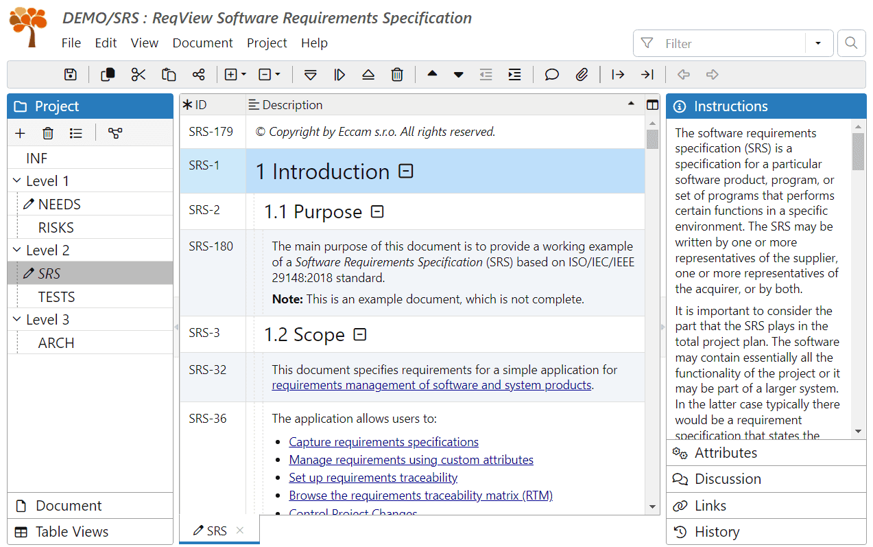 Requirements projects workspace in ReqView