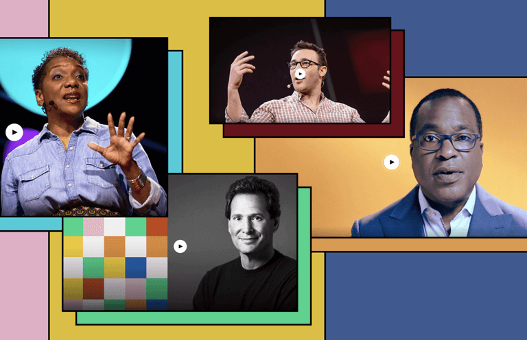 Four stills from TED Talks featuring the images of the speakers: Janet Stovall, Michael C. Bush, Dan Schulman, and Simon Sinek