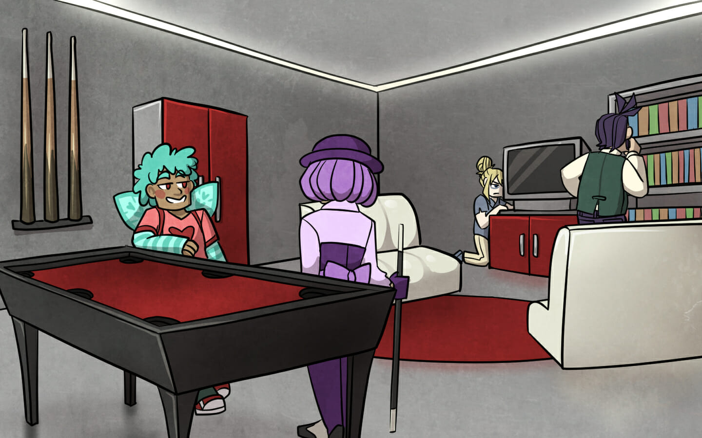The rec room. Michi and Honoka are talking by the pool table, while Tiffani inspects the TV and Nikola looks through a cabinet.
