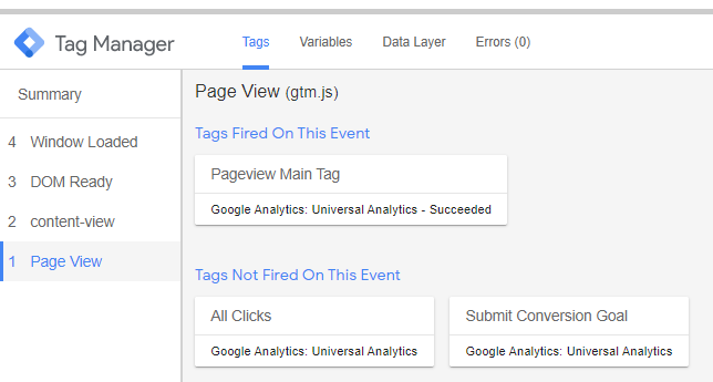 google tag manager gtm debugger pageview tag