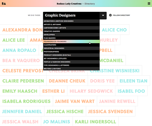 A BALC directory page displaying names of graphic designers, with a dropdown displaying other categories of creative people