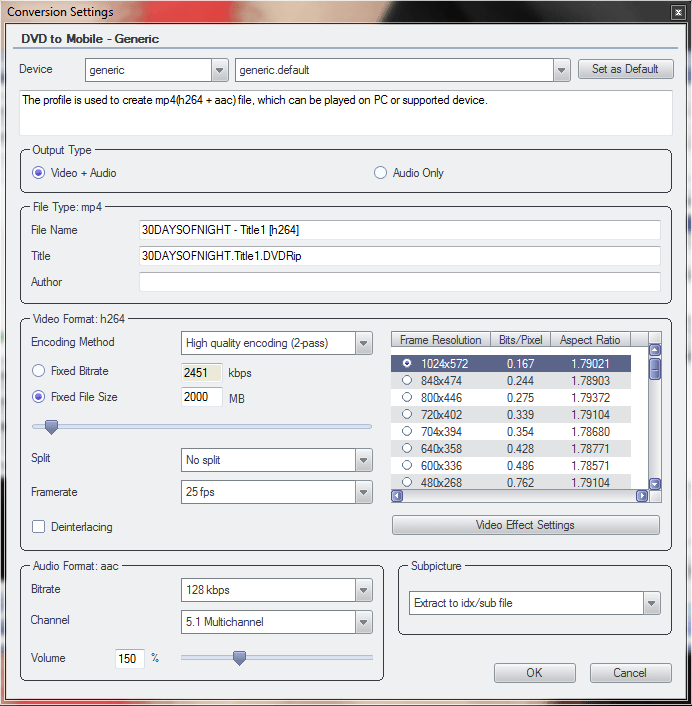 DVDFab Conversion Settings Screen DVDFab Conversion Settings Screen