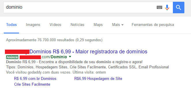 Demostração de pesquisa com a plavra domínio
