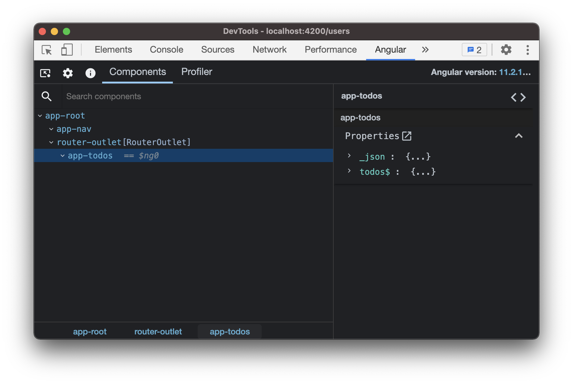 Angular dev tools showing the app-todos component