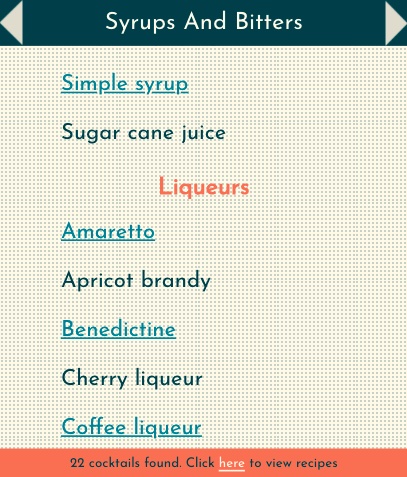 Screenshot from the 'possible cocktails' page of the Cocktail Maker app on a large screen