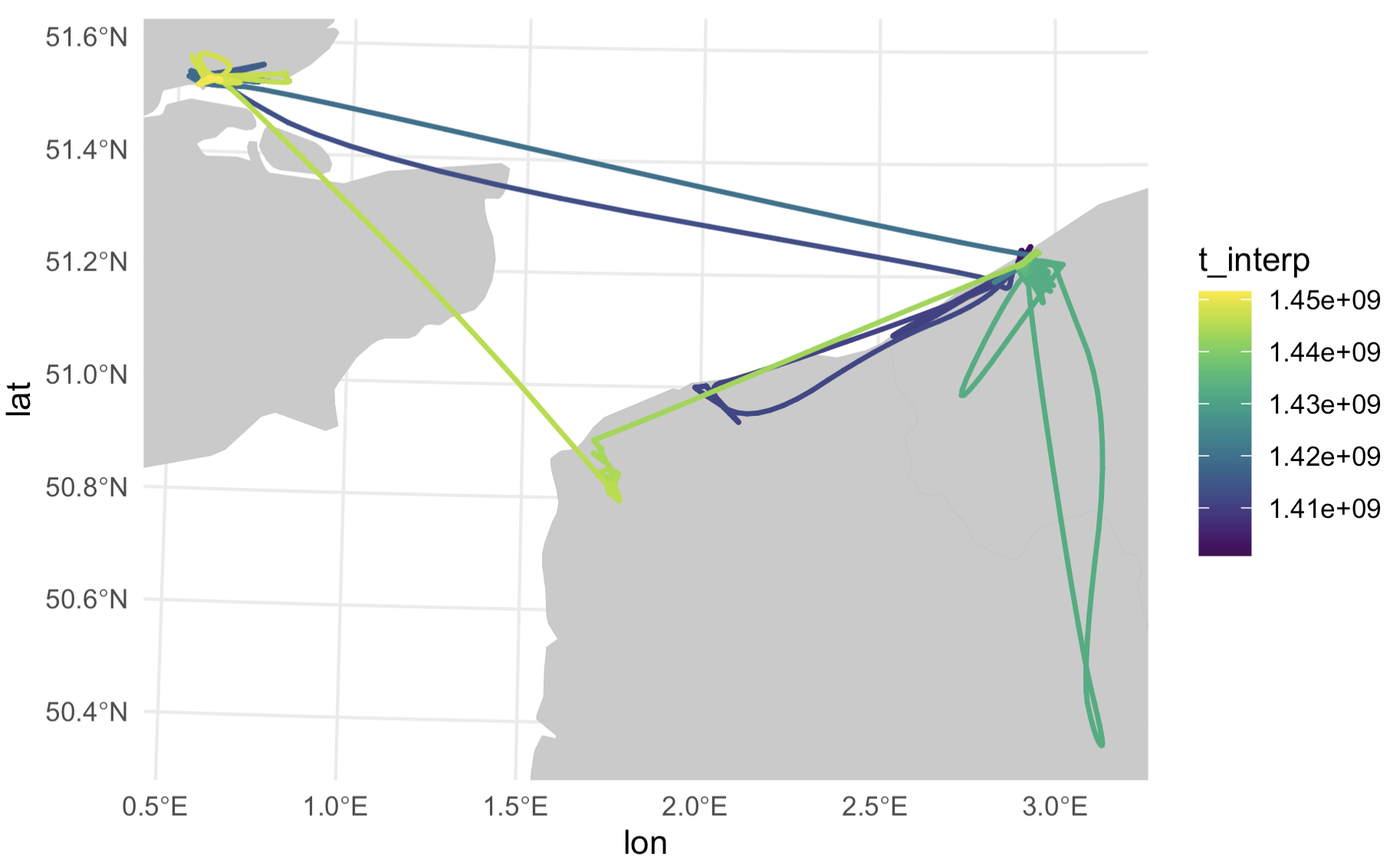 First round of mapping: we have a flight path colored by a temporal gradient!