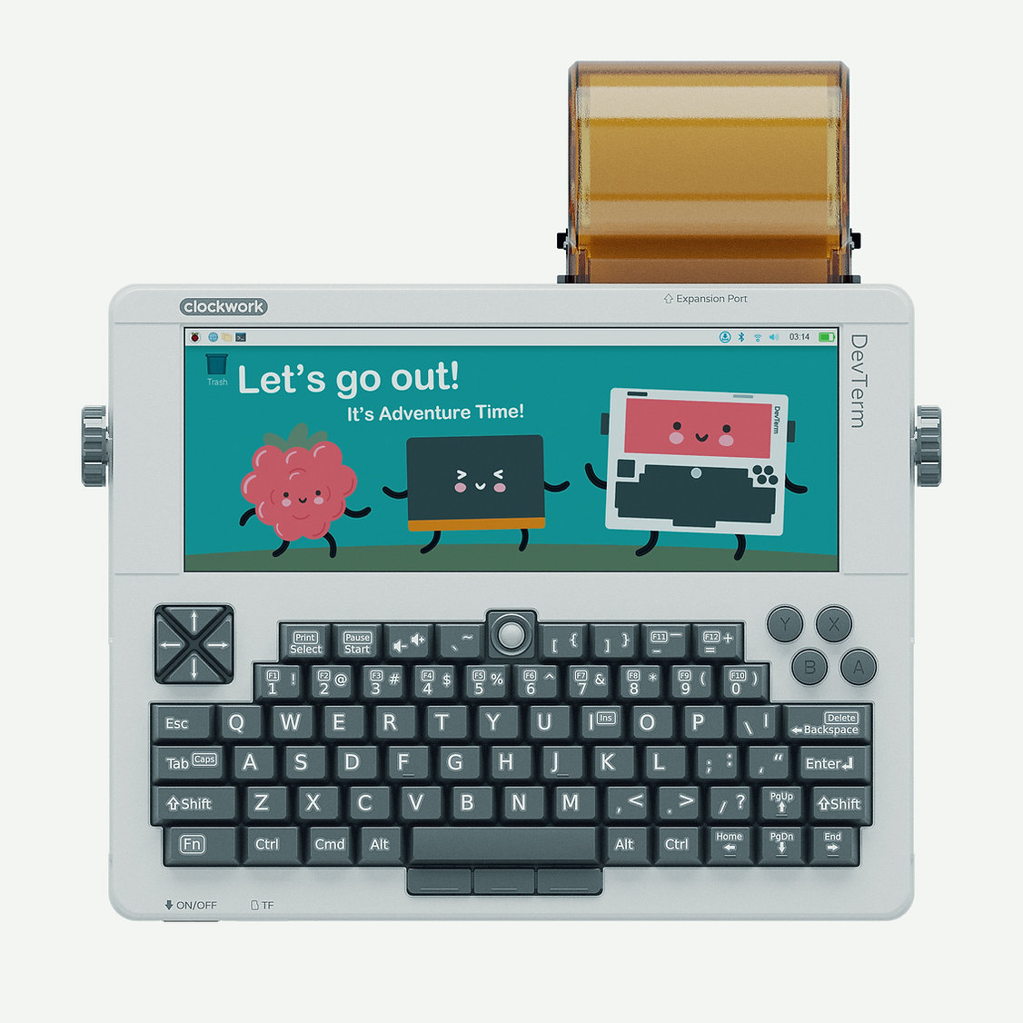 Cute, flat, gray, portable computer. It looks a lot like an old calculator: retro-futuristic. The screen is relatively small and ultra-wide, featuring a cute illustration.