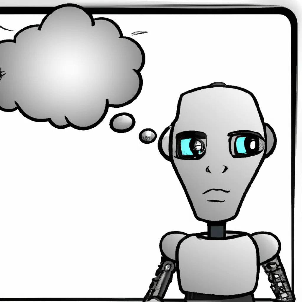 An image of a robot or computer with a human-like brain or thought bubble.