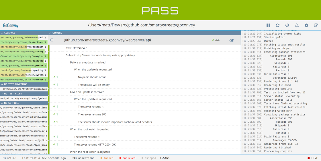 Look at your test output, now look at GoConvey, now look at your output, now back to GoConvey. Sadly, your test output isn't like GoConvey...