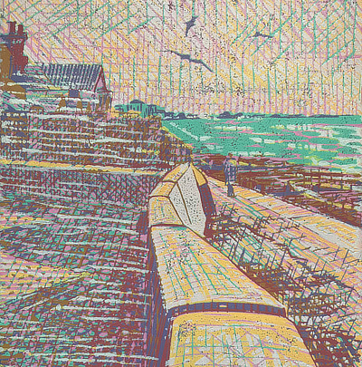 colourful linocut looking down Sandgate beach to the East