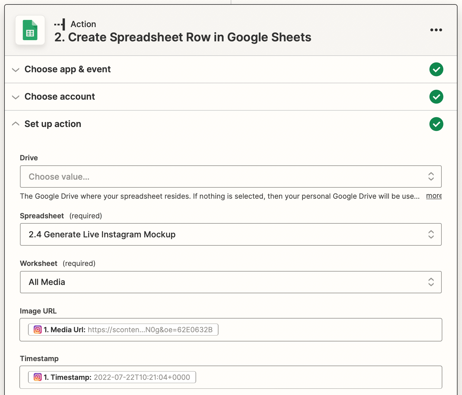 Screenshot of Zapier Google Sheets create spreadsheet row action setup