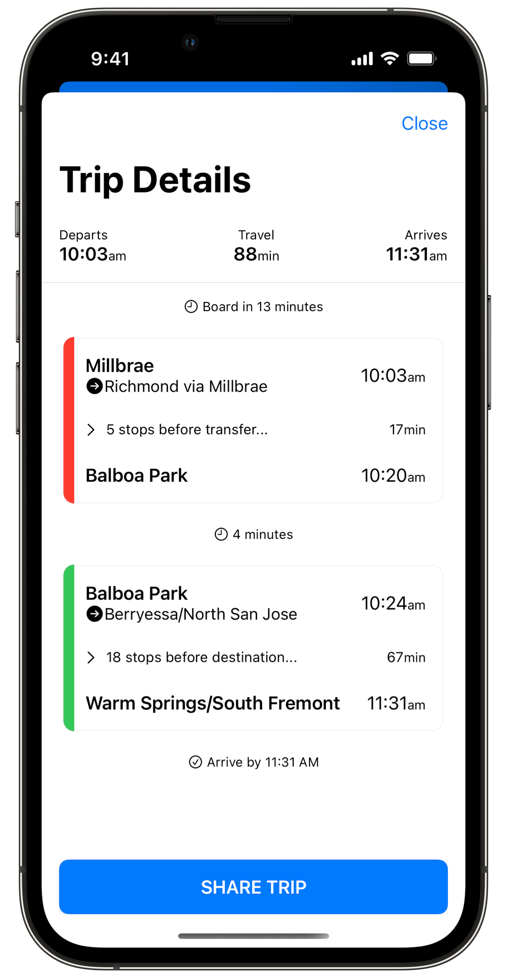 Trip detail screen of the Arrival BART app. The screen shows transfer times and windows.