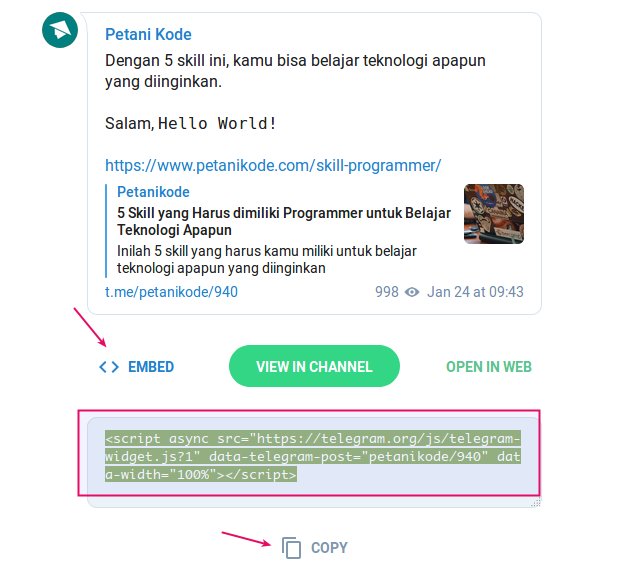 Tombol untuk embed