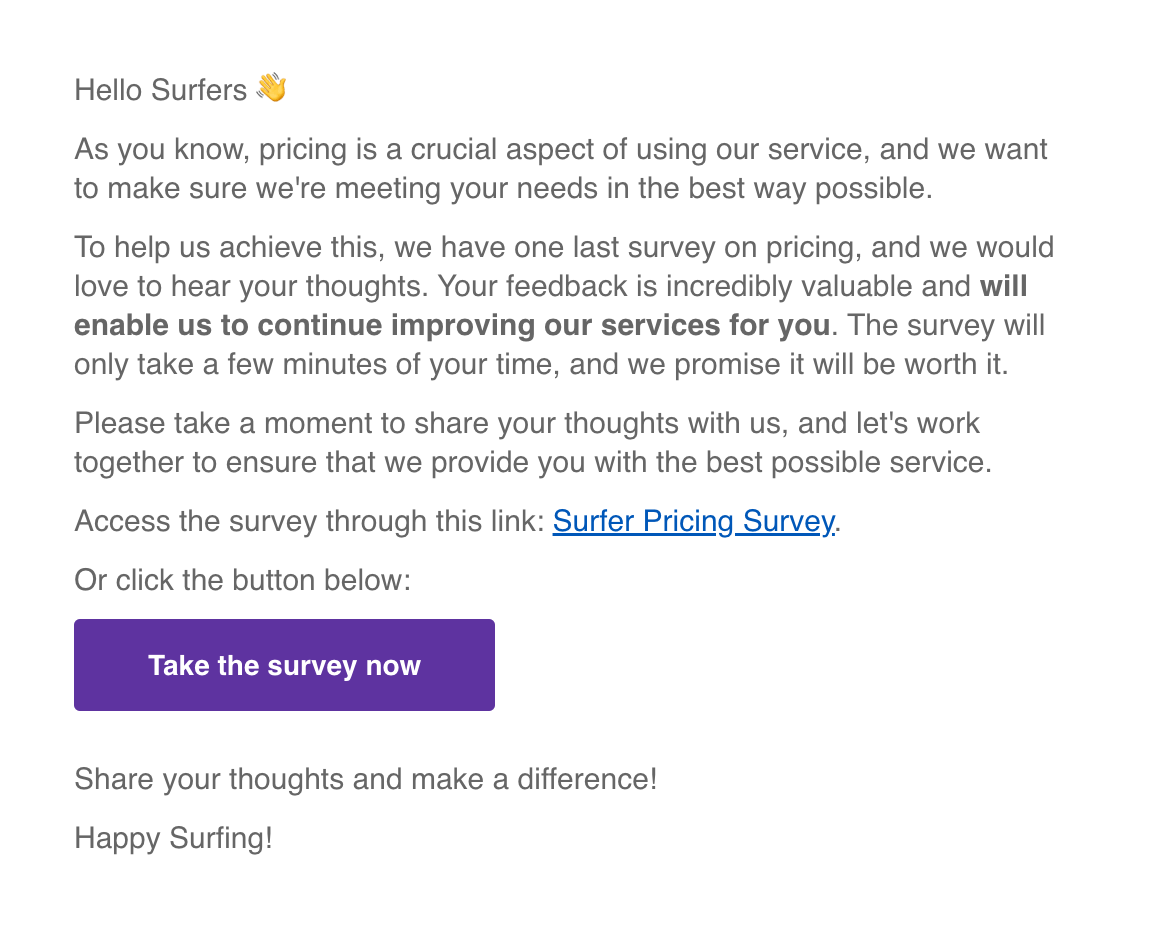 Survey Email Examples: Screenshot of Surfer's survey email