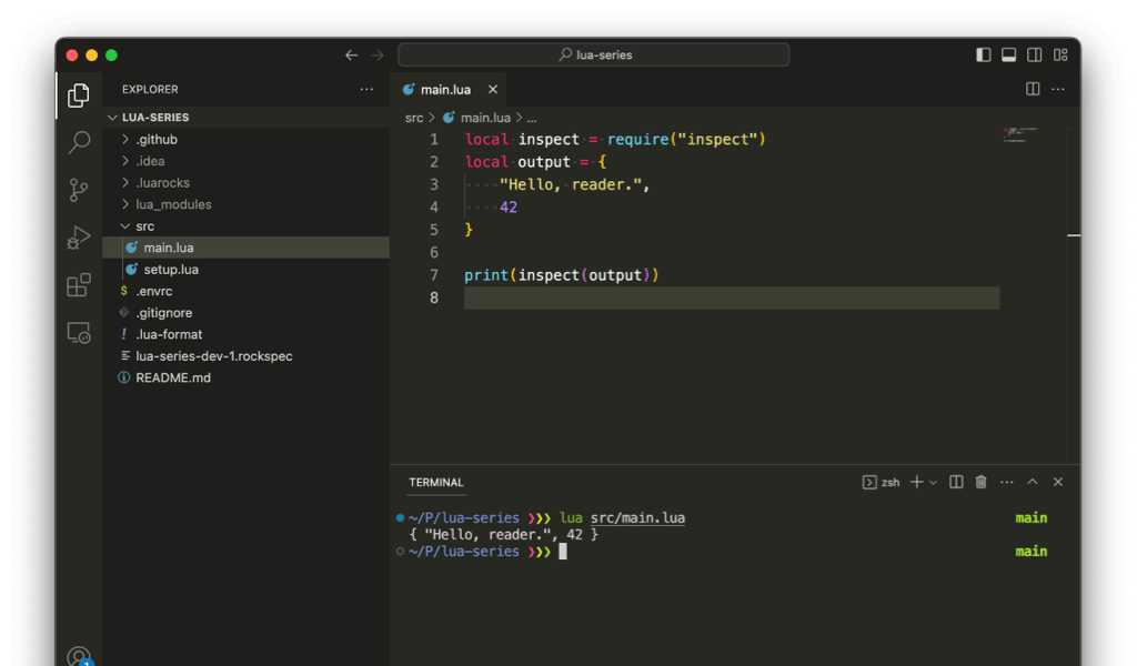 Screenshot of VSCode editor with the open Lua series project.