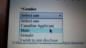 A screenshot of a form with a &quot;Gender&quot; dropdown field showing &quot;Select one&quot; with options &quot;Canadian Applicant&quot;, &quot;Male&quot;, &quot;Female&quot;, &quot;I wish to not disclose&quot;