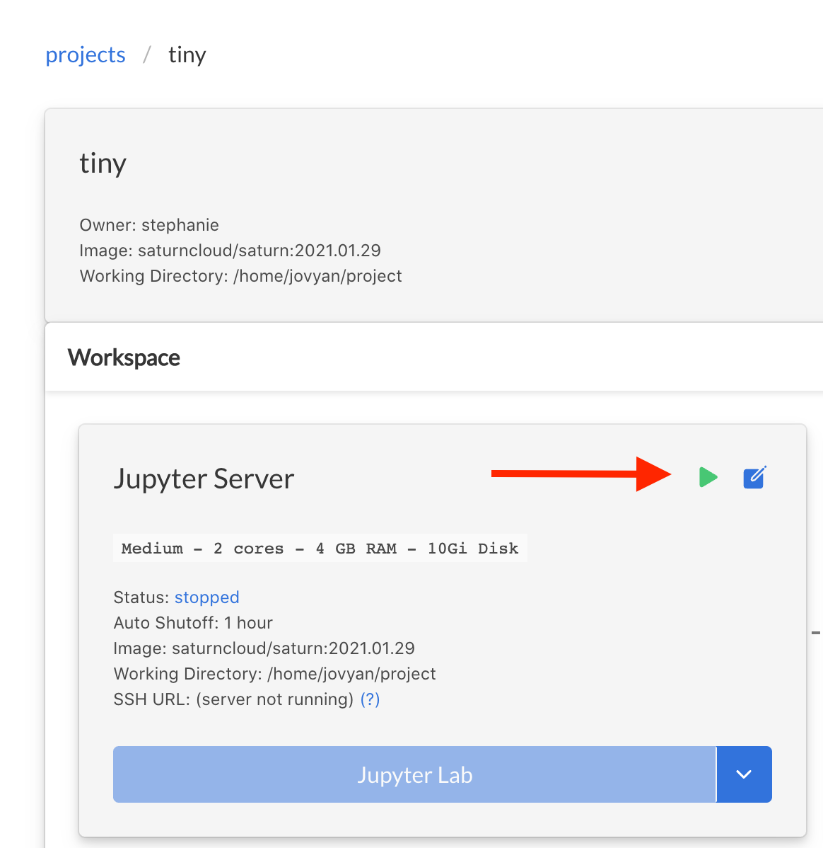 Screenshot of Saturn Cloud project's Jupyter server card, with arrow pointing to green start button