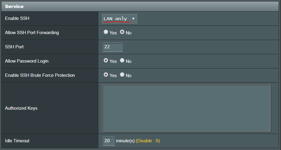 Asus router web interface for enabling SSHD
