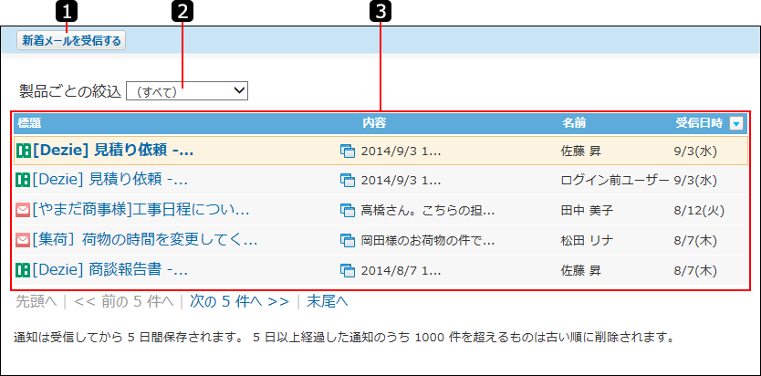 連携システム通知一覧画面を説明する番号付き画像