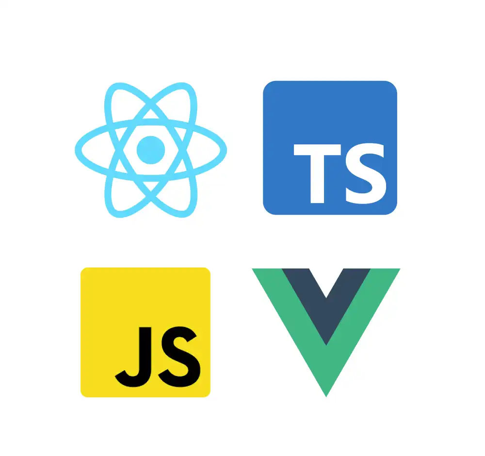 Dekorativt bilde. Logoene til React, Typescript, JavaScript, og Vue på hvit bakgrunn. 