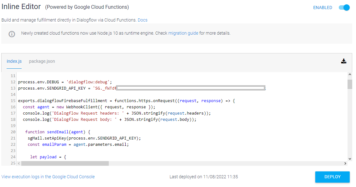 Sample from the webhook fulfillment coding on Dialogflow 