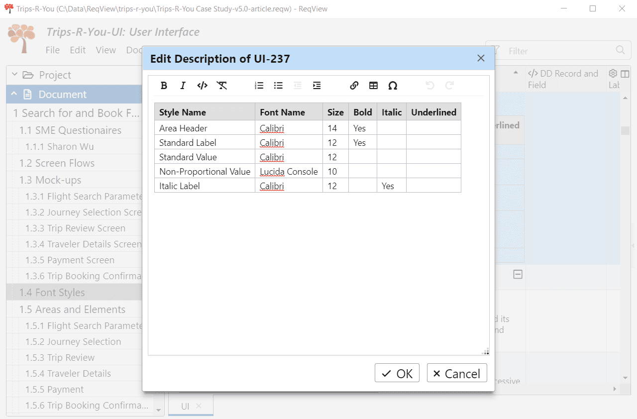 Table with used font styles from Excel Table with used font styles from Excel