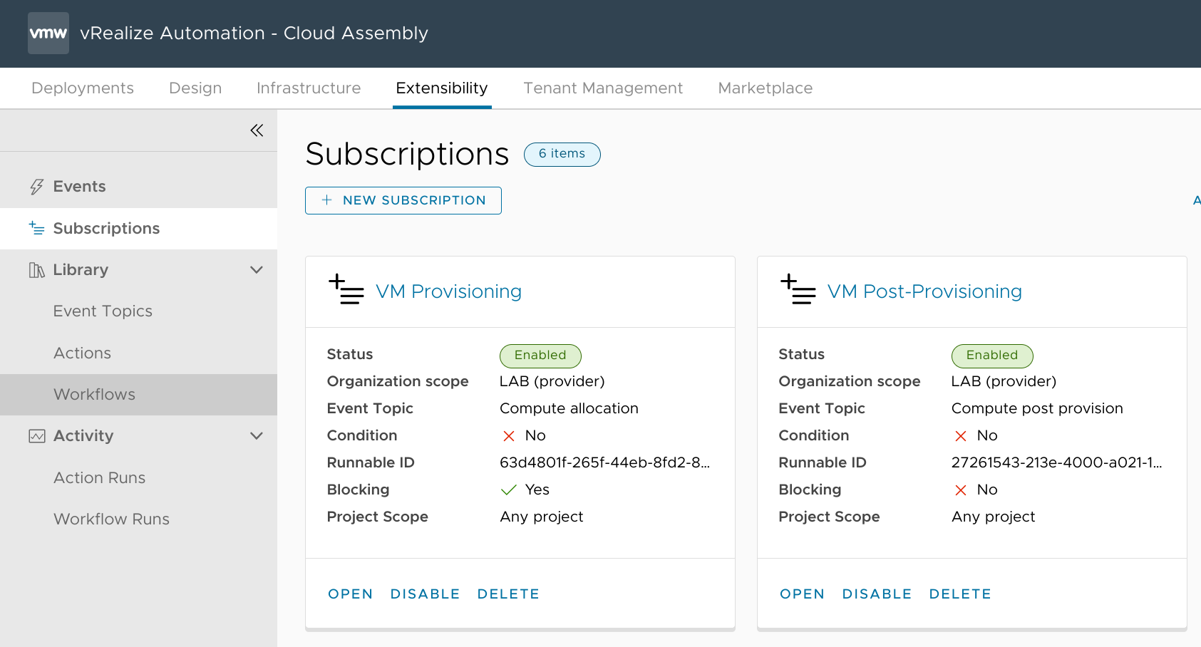 Extensibility subscriptions