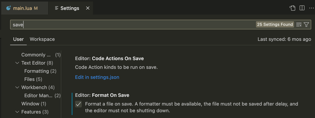 A screenshot of the settings in VSCode to enable 'format on save'. The checkbox is checked.