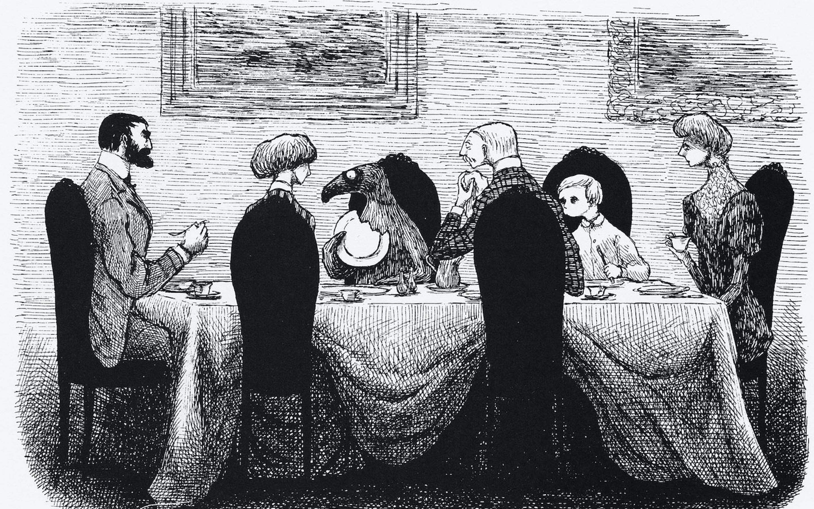 black and white drawing of a mysterious creature sitting at a dinner table