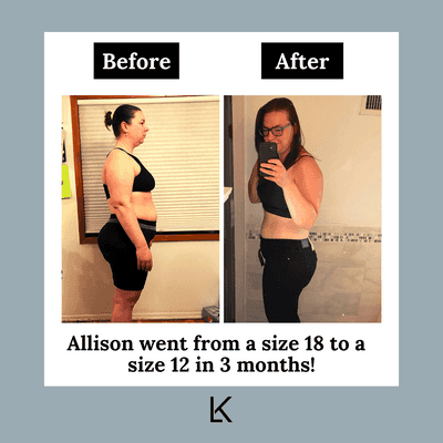 Before and after of Allison, who went from a size 18 to a size 12 in 3 months!