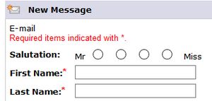 A screenshot of a form with a title of New Message. The form has a field for "Salutation" with four radio options, the left-most of which is labelled "Mr", the right-most of which is labelled "Miss", and the middle two of which are blank.