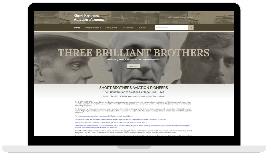 shortbrothersaviationpioneers portfolio screenshot 1 homepage rhwebdesigns.co.uk