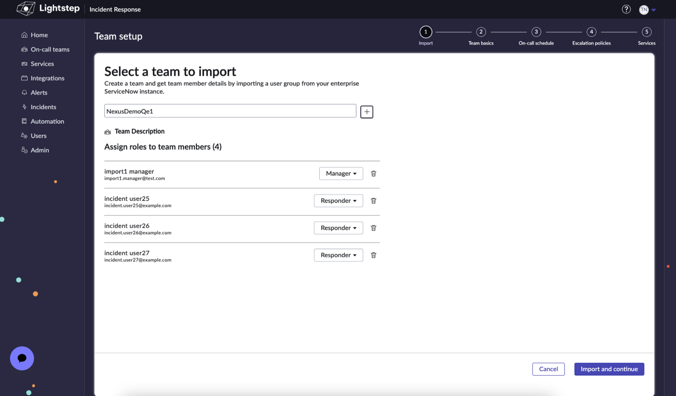 Team setup page to import a team.