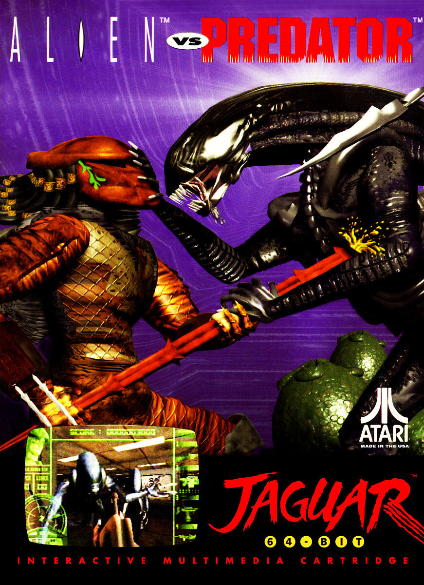 A scan of the box art for Alien va Predator on the Atari Jaguar. A Predator is stabbing a Xenomorph (an alien) in the chest and there are some alien eggs in the background A scan of the box art for Alien va Predator on the Atari Jaguar. A Predator is stabbing a Xenomorph (an alien) in the chest and there are some alien eggs in the background