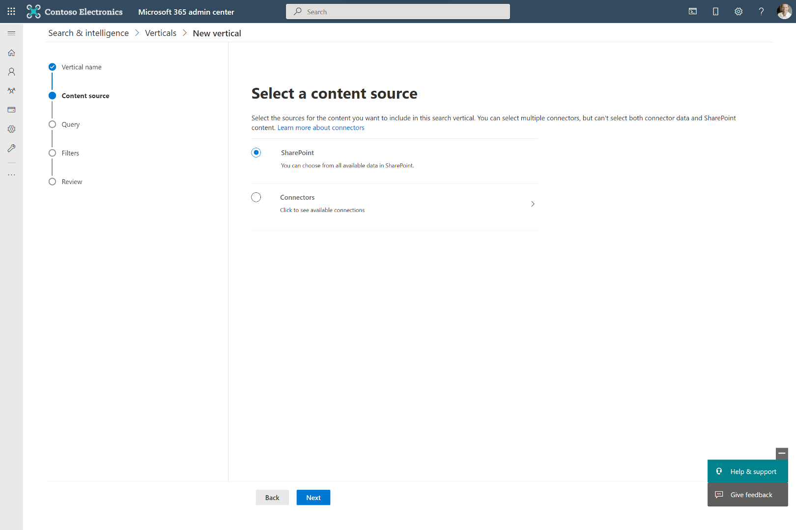 Screenshot showing the select content source screen
