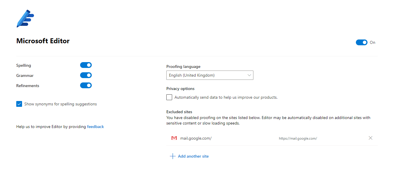 Microsoft Editor browser plugin settings page