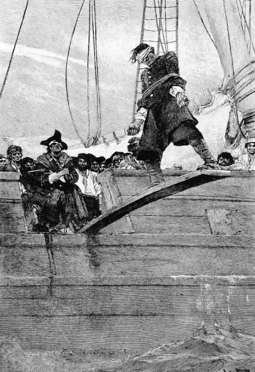 Wood engraving by Howard Pyle from Howard Pyle's book of pirates. A blindfolded man with his arms restrained by ropes stands at the end of a plank extended over the side of a ship as the crew of pirates watches from the deck, gathered behind their leader who holds a pistol and wears a tricorn.