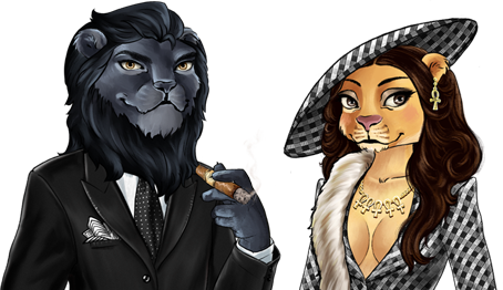Two cats: Left is a male black lion with a tuxedo and cigar. Right is a lioness wearing a matching black-and-white gingham blazer and hat.