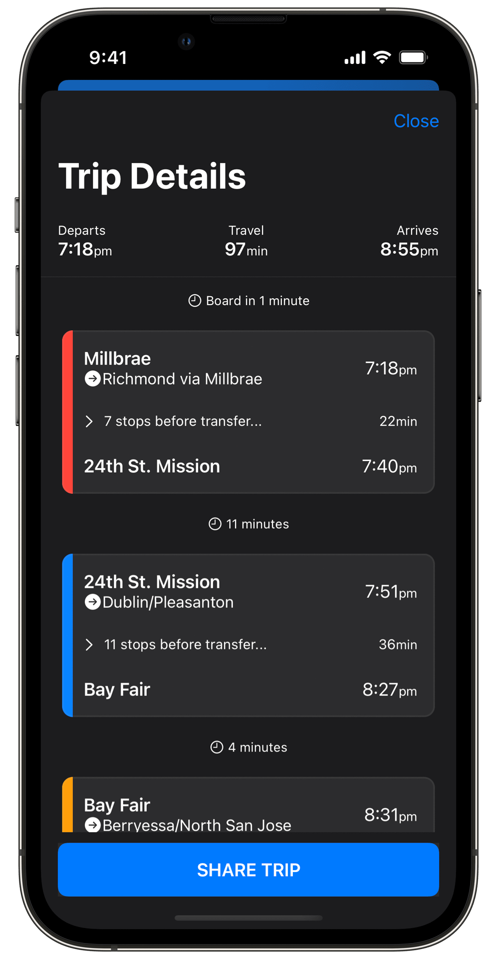 Trip detail screen of the Arrival BART app in dark mode. The screen shows transfer times and windows.
