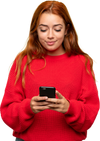 A woman in a red sweater using her smartphone