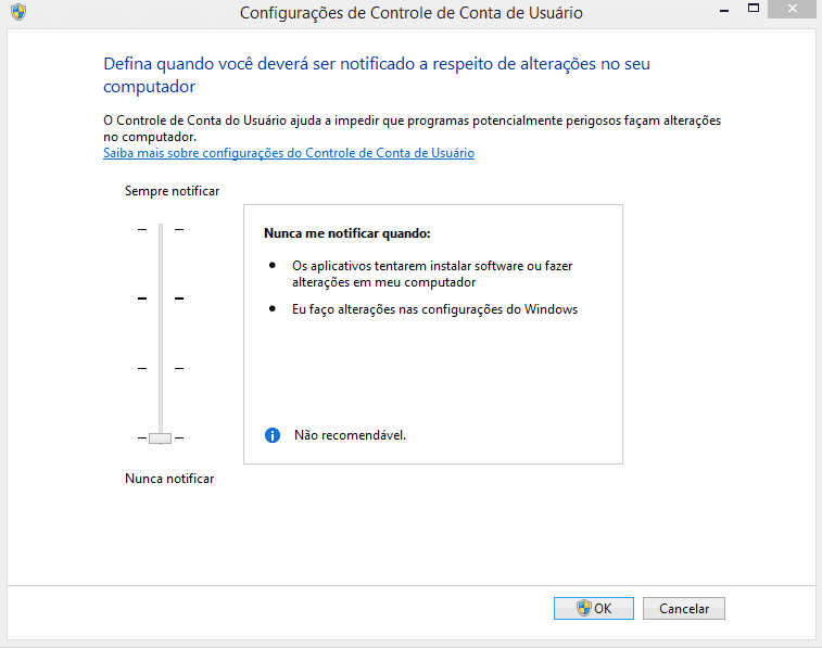 Configurações de conta de usuário, nível baixo