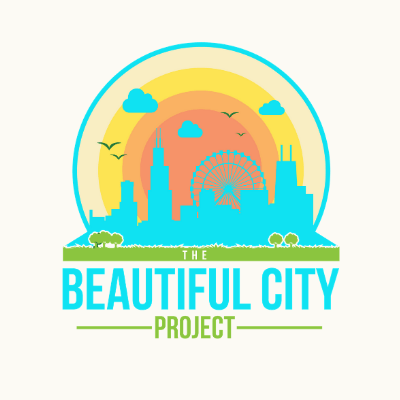 The logo for The Beautiful City Project depicting a Chicago skyline with a 70s-inspired, colorful color pallette