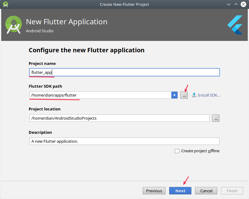 Nama aplikasi dan lokasi Flutter SDK