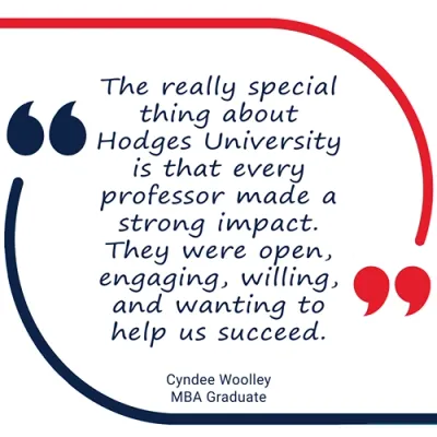 Quote from Cyndee Woolley, an MBA grad from Hodges