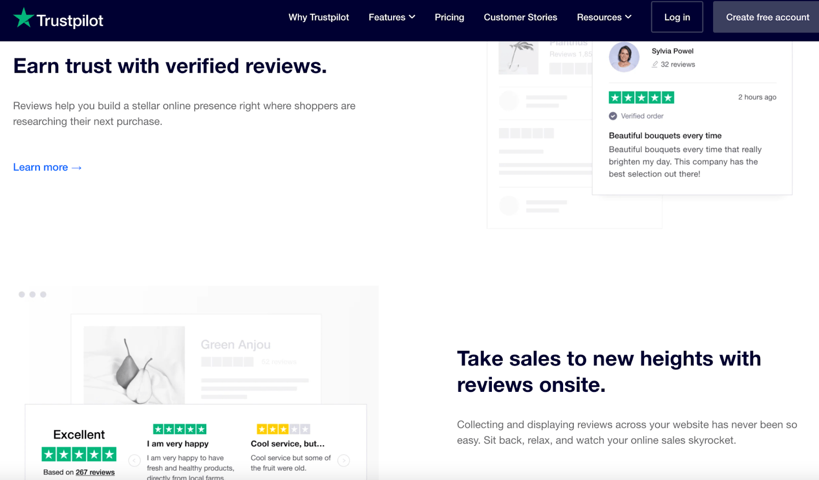 TrustPilot's business-side homepage, listing the features offered by their business to business service. Heading reads 'Earn trust with verified reviews'. Examples and further functionalities below.