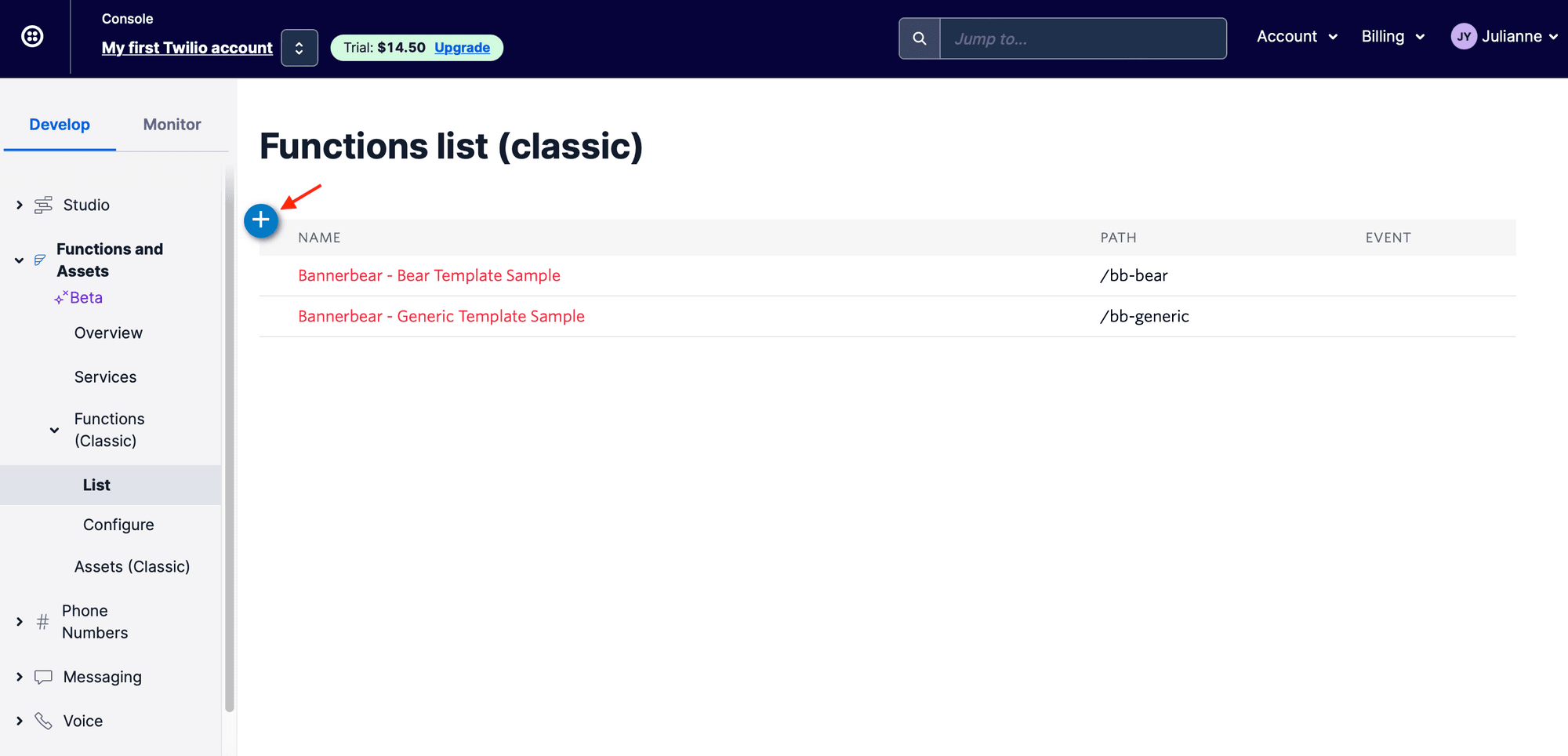 Screenshot of Twilio functions list