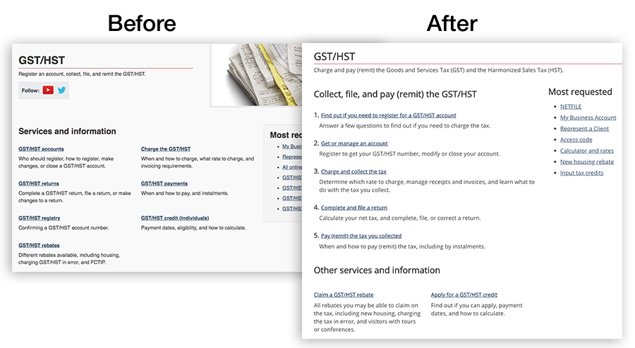 A before and after screenshot of the GST/HST page showing the differences.