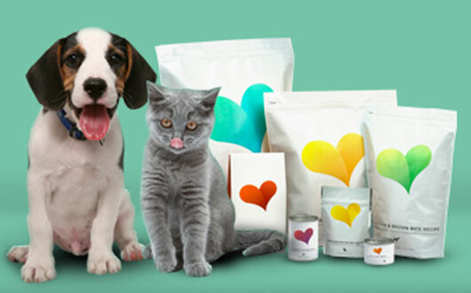 A healthy and hungry dog and cat, surrounded by bags of pet food
